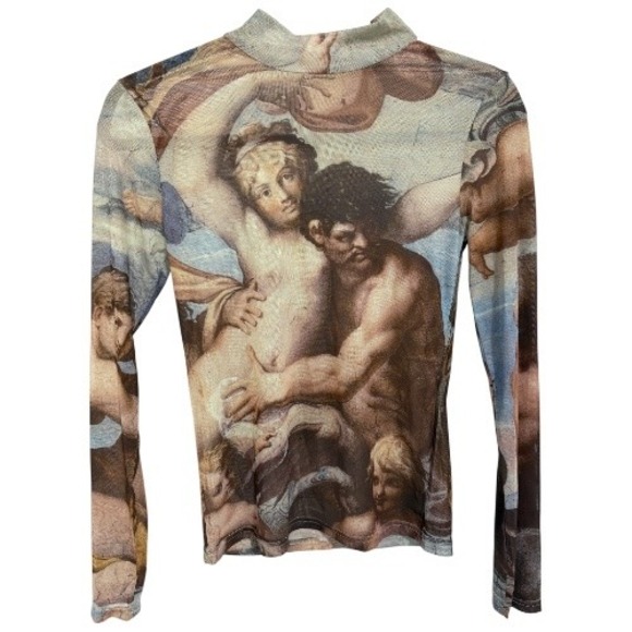 She's Gone Renaissance Art Mesh Top Long Sleeve Mock Neck Abstract - Picture 1 of 6